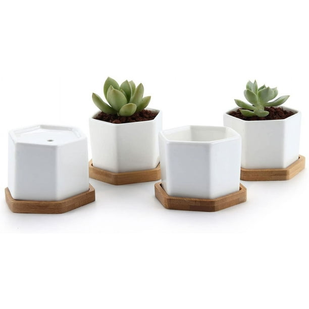 FloreceBien - Macetas pequeñas blancas para suculentas con bandeja de bambú, juego de 4 unidades, diseño hexagonal, soporte geométrico para plantas de cactus, para el hogar, la oficina, la mesa, el