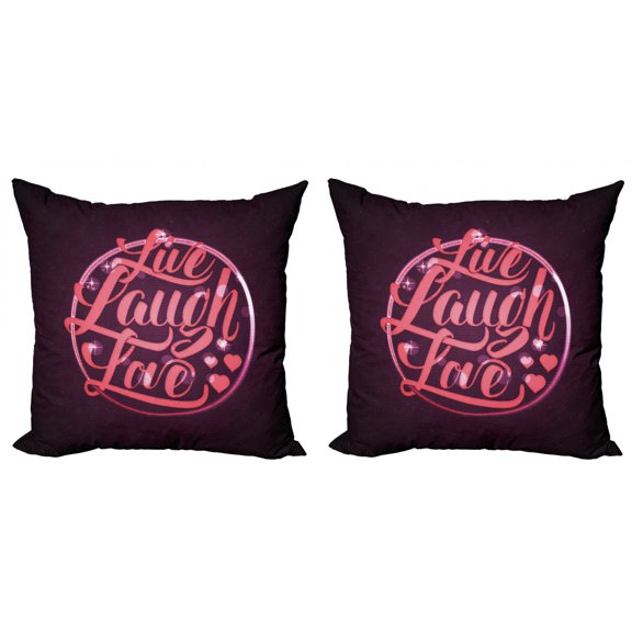 Ambesonne Live Laugh Love Throw Pillow Cover 2 Pack, Bokeh Hearts, 20", Salmon Dark Purple Red