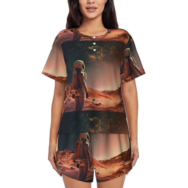 Balery Astronaut On Mars A Conjunto de Pijama para Mujer con Estampado, Dos Piezas de Manga Corta y Shorts, Ropa de Dormir Suave con Cuello Redondo y Bolsillos-X-Large