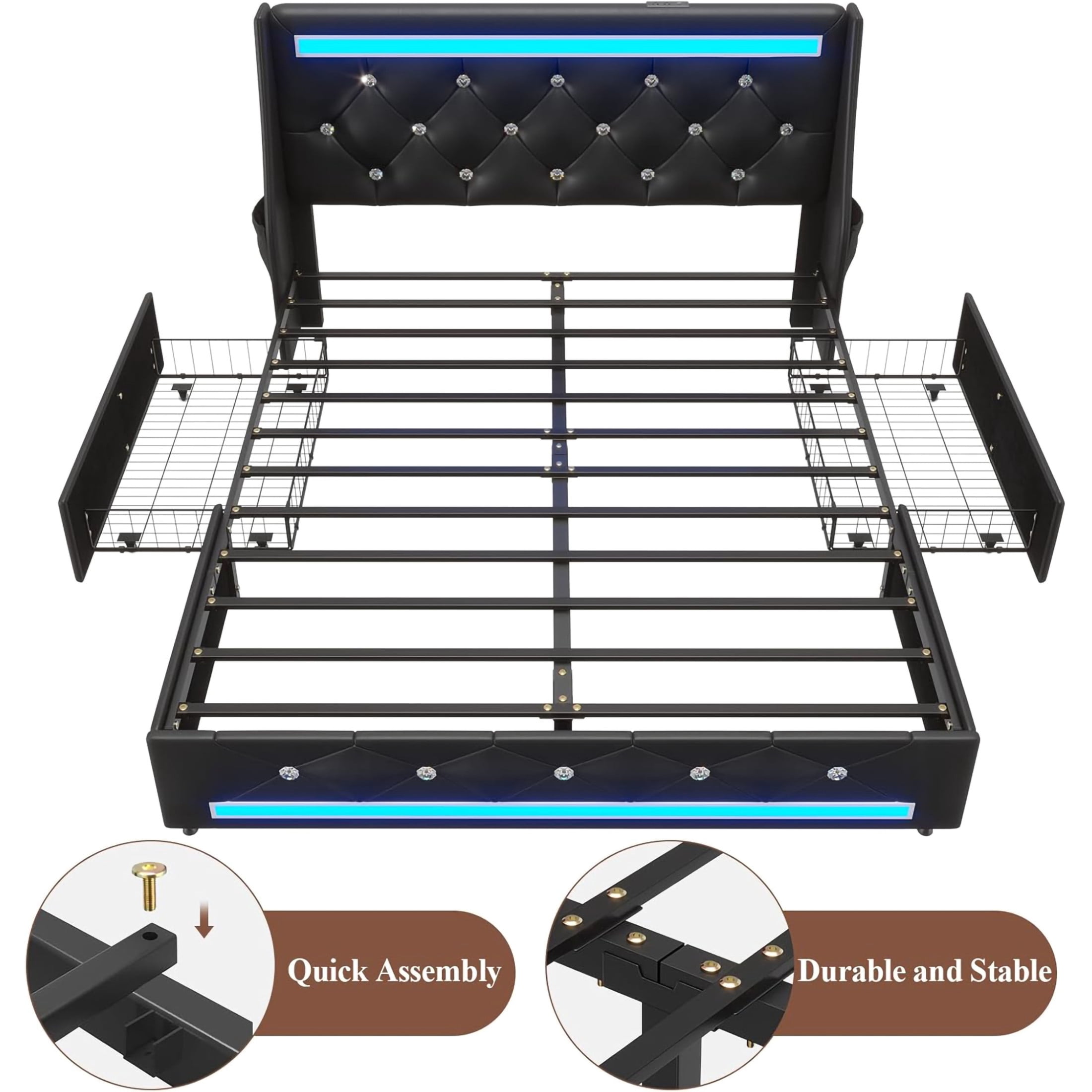 Noble House Ashrid Full Size Bed Frame with Charging Station, Storage Drawers & LED Lights, Metal Support, Black