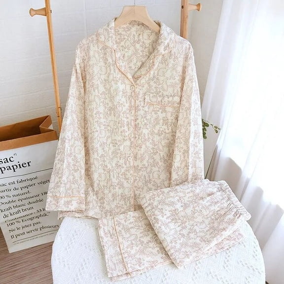 Municipal Autumn Long Sleeve Cotton Double Gauze Pajamas for Women Loose and Casual Plus Size Loungewear Lapel Flower Print Sleepwear