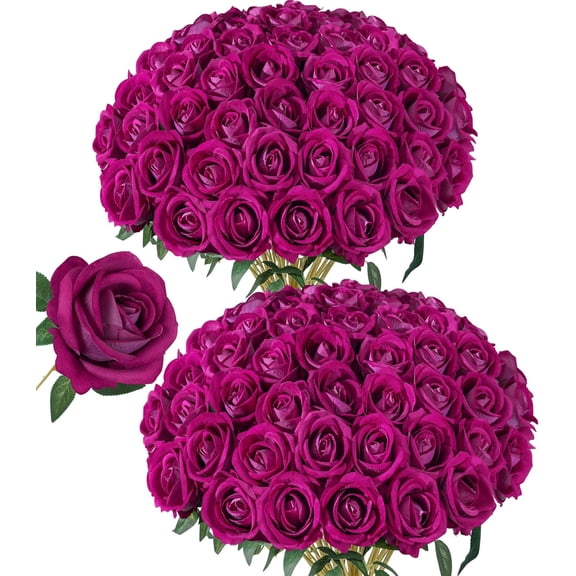 50PCS Roses Artificial Flowers, Fake Roses with Stem Realistic Magenta Silk Roses for DIY Wedding Bouquets Table Centerpieces Arrangements Baby Shower Birthday Home Decor Valentine's Day Gift for Her