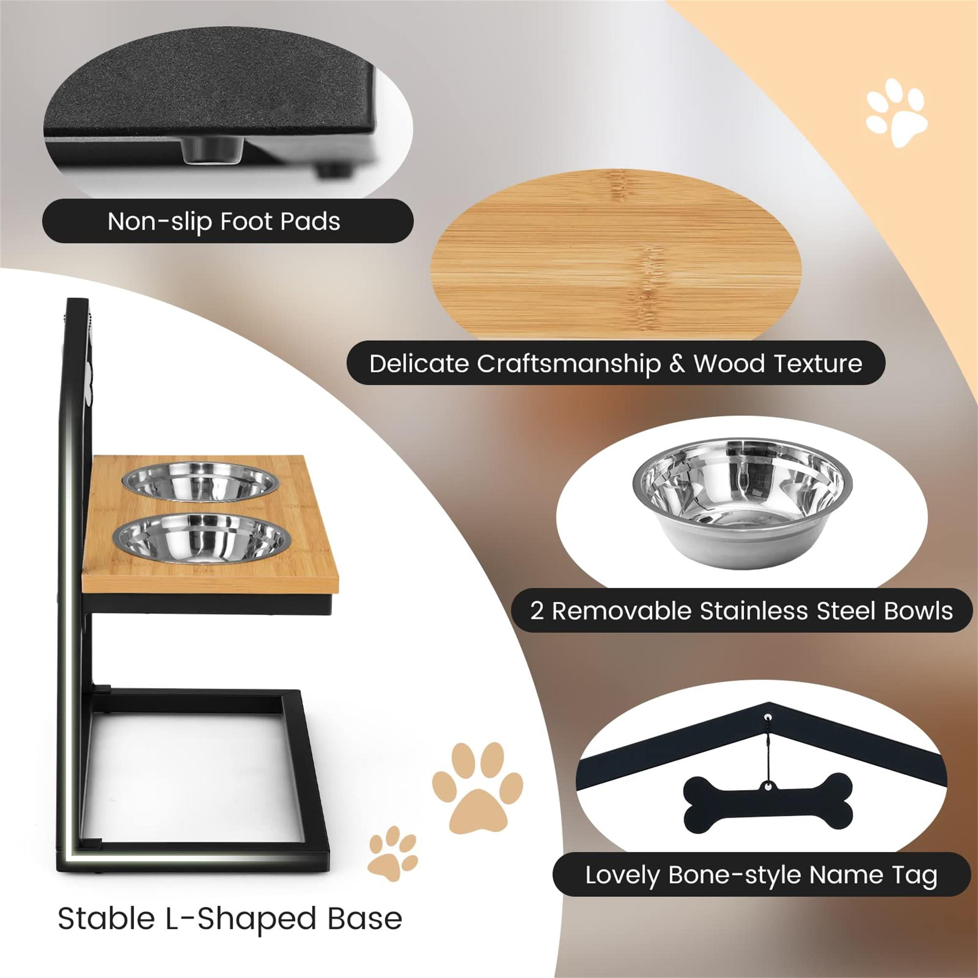 Kadyn 9"-17" Elevated Pet Feeder with 2 Stainless Steel Dog Bowl, Pet Food Bowls for Feeding Small Medium Dogs Cats Puppies, Beige