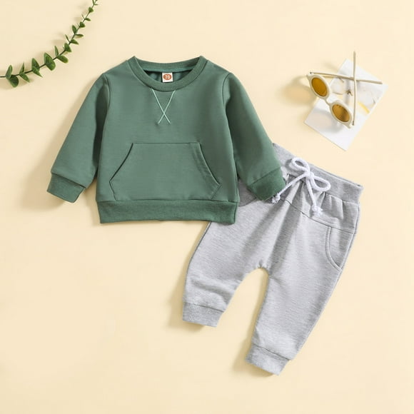 LSLJS Toddler Baby Boys Girls 2PCS Pullover & Jogger Set Solid Color Long Sleeve Top Trousers Suit Casual Sweatsuits Outfits, Baby Girls' Pant Sets on Clearance( Green, 3-4 Years )