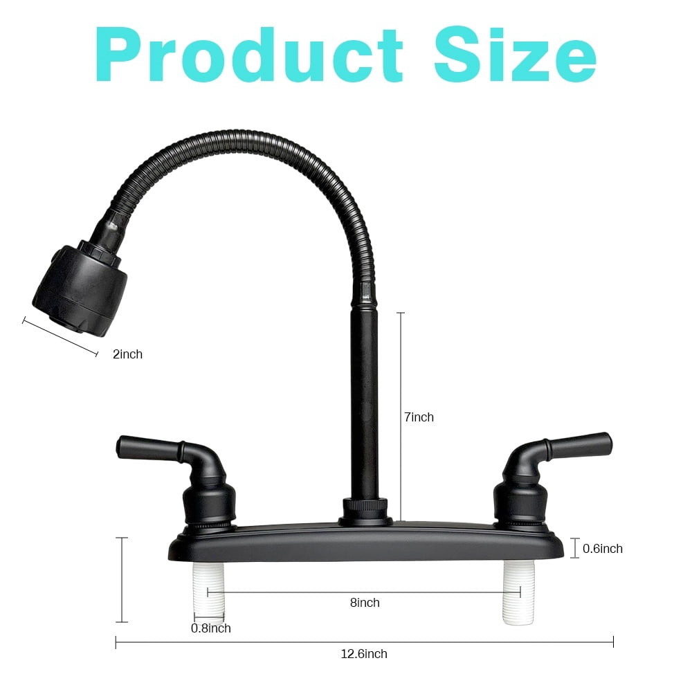 RV Kitchen Faucet, Non-Metallic Camper Kitchen Sink Faucet 8 Inch 2 Hole Double Handles with Flexible Arch 360 Degree Rotatable Spout for Campers, Motorhome, Travel Trailer, Black