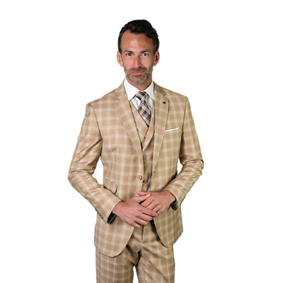 Angel-4 Tan 3pc Tailored Fit Flat Front Pants 2 Button Plaid Mens Suit With Double Breasted Vest Super 150's Extra Fine Italian Wool By Alberto Nardoni Brand Designer