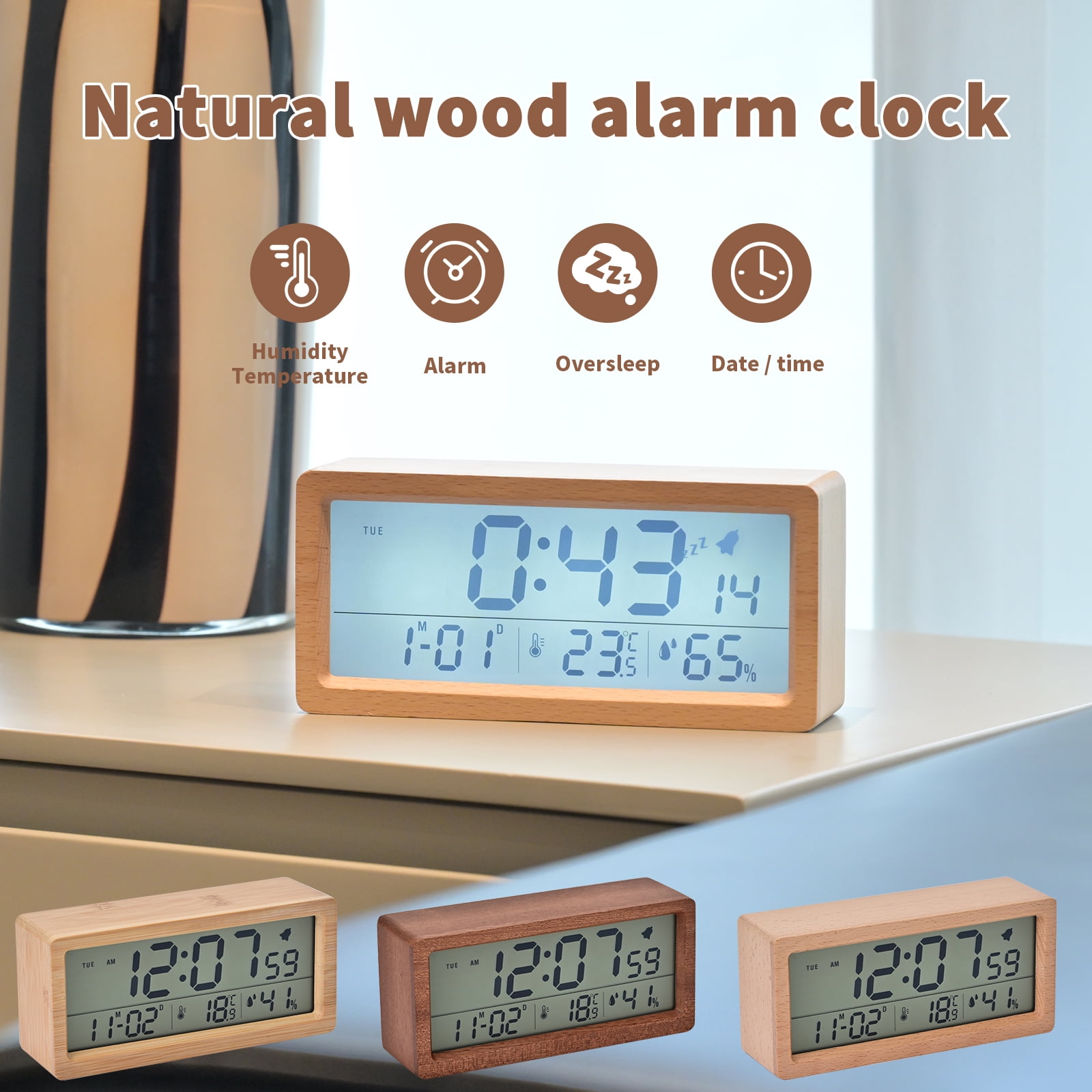 Electime Wooden Digital Alarm Clock with Calender, Temperature, Humidity and Snooze, Electric Clock for Home Bedroom, Battrey Powered, LCD Screen