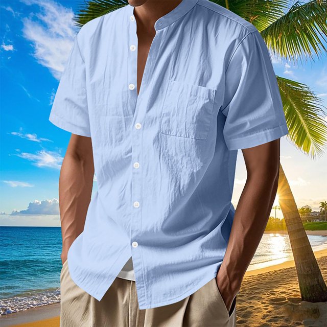 pstuiky camisetas para hombre, Blusa informal de manga corta con cuello vuelto y botones de color liso para hombre camisas casuales para hombre s