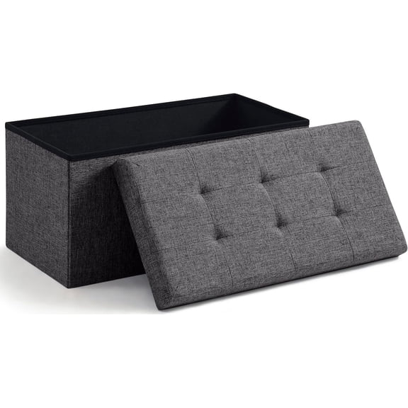 Ornavo Home Folding Storage Ottoman, 30 Inch Large Storage Bench with Lid, Foot Rest Stool for Bedroom, Living Room, Entryway, Tufted Linen Upholstered - Dark Gray