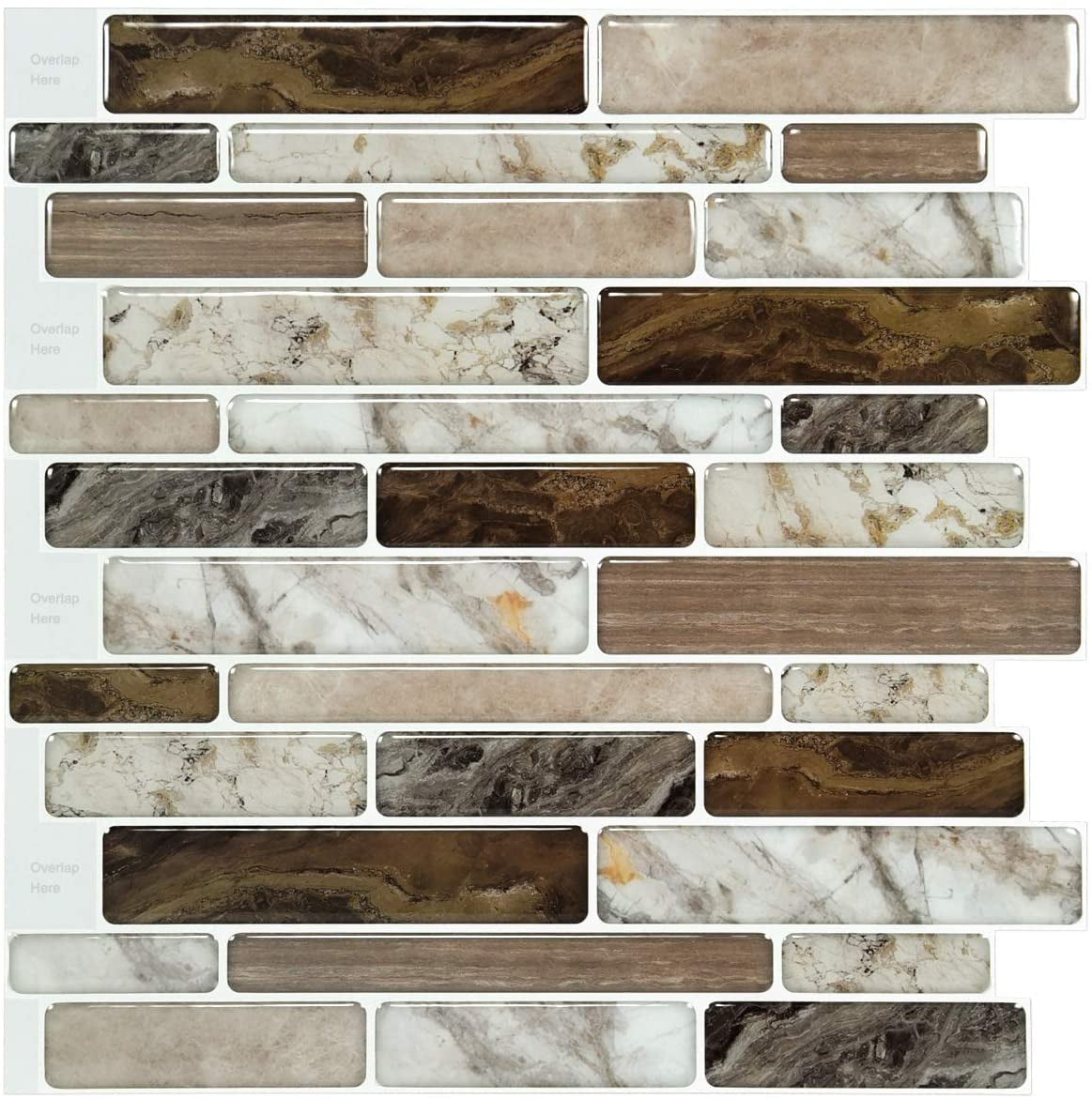 LongKing Brown Marble Tile 12 in. x 12 in. Peel and Stick Backsplash(10