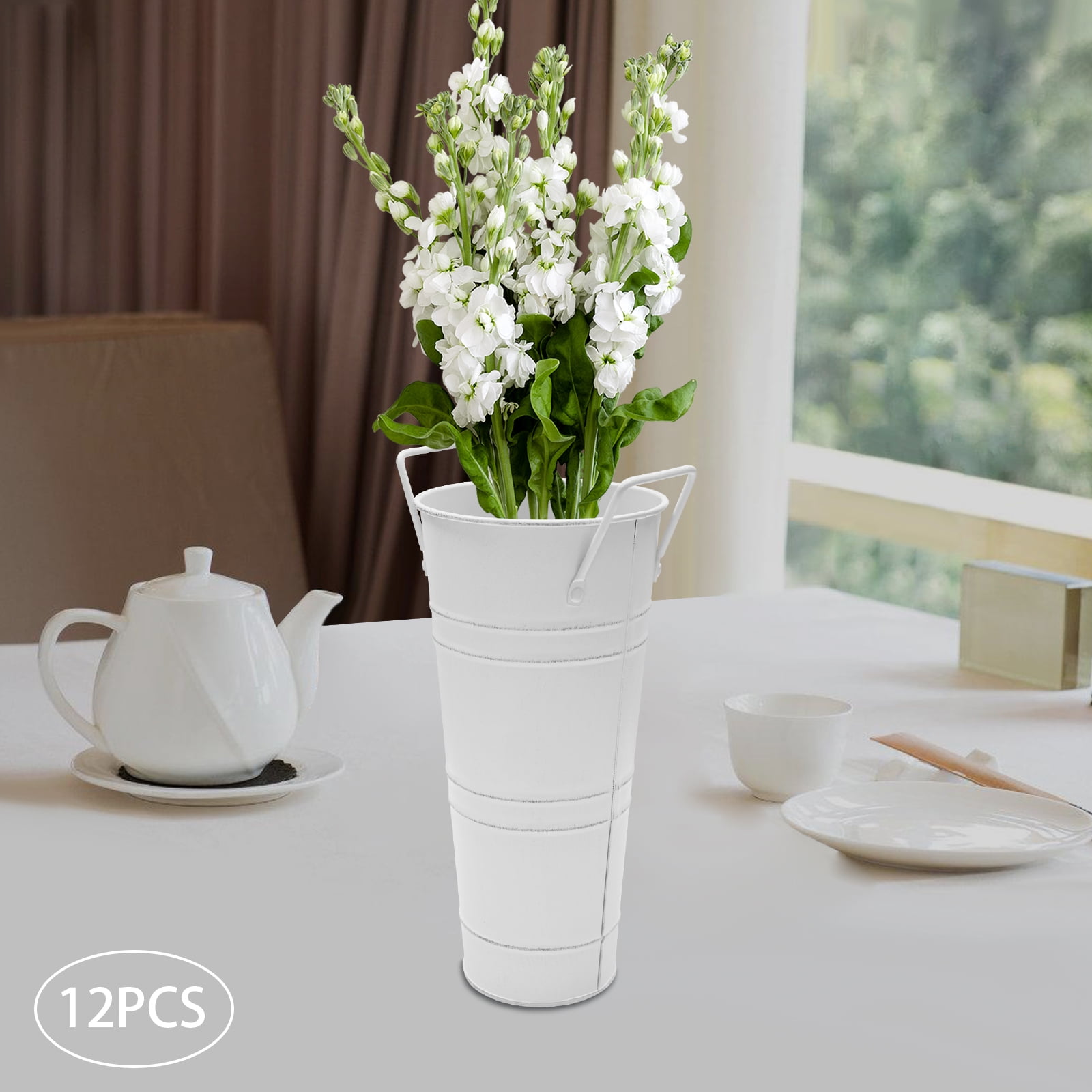ChicHomey 12 Pcs 9Inch  White Galvanized Metal Flower Buckets,with Handles Stackable Cylindrical Flower Storage Pots for Flowers, Plants & Umbrella Storage​