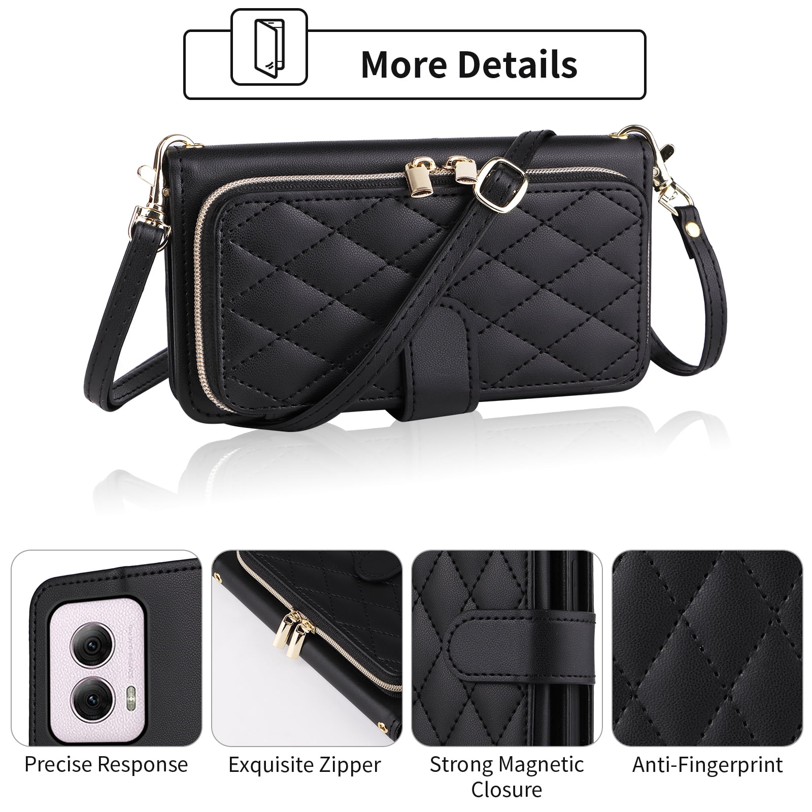 Furiet Argyle Wallet Case for Motorola Moto G Power 5G 2024 with Wrist Strap Shoulder Strap, Card Slot Zipper Purse Luxury PU Leather Stand Checkered Cell Phone Cover for G5 Women Girls Black
