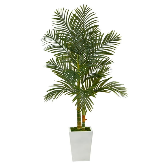 Nearly Natural 5.5ft. Golden Cane Artificial Palm Tree in White Metal Planter