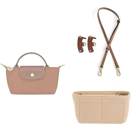 DanceeMangoo Felt Bag Organizer Insert and Leather Strap Conversion Kit Suitable for Longchamp Mini Le Pliage (Brown)