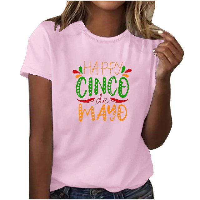 Camisetas de Manga Corta para Mujeres de Longitud Regular de Poliéster Sólido, Camiseta de Fiesta de Mayo Y Blusa Del Festival para la Primavera Y el Verano