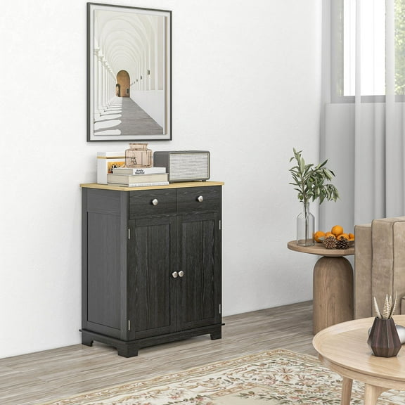Kitchen Storage Cupboard Organizer Cabinet w/2 Drawers & Adjustable Shelf, Black