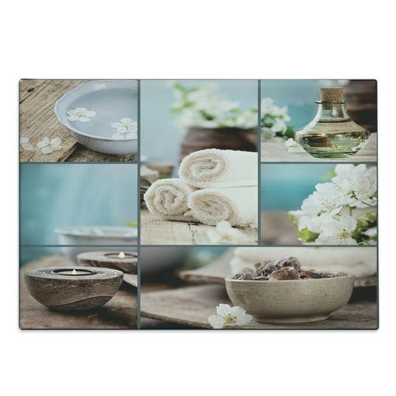 Spa Cutting Board, Far East Close to Your Heart Massage Theme Collage Oils Candles Flowers Print, Decorative Tempered Glass Cutting and Serving Board, Large Size, Blue and White, by Ambesonne