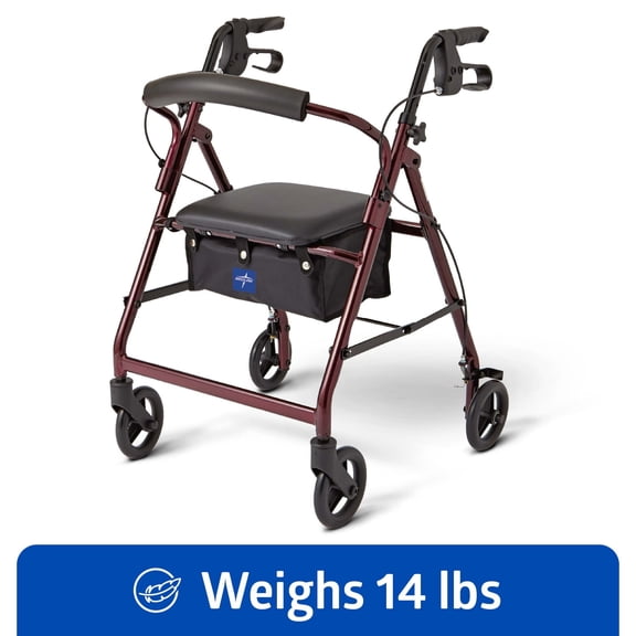Medline Aluminum Rollator Walker, Folding Rolling Walker, 6 in Wheels, 250 lb Weight Capacity, Burgundy