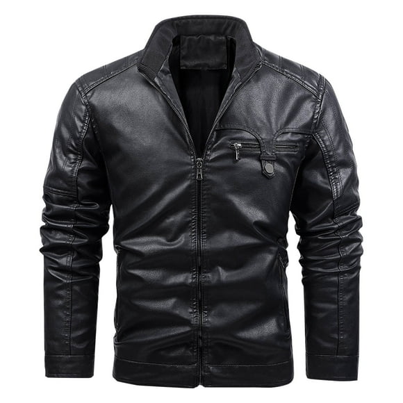 Jackets for Men Men's Leather Jacket with Multiple Pockets and Zippered Loose Fit, Solid Color Long Sleeved Hooded Leather Jacket, Loose Fit Jacket Leather Jacket Men