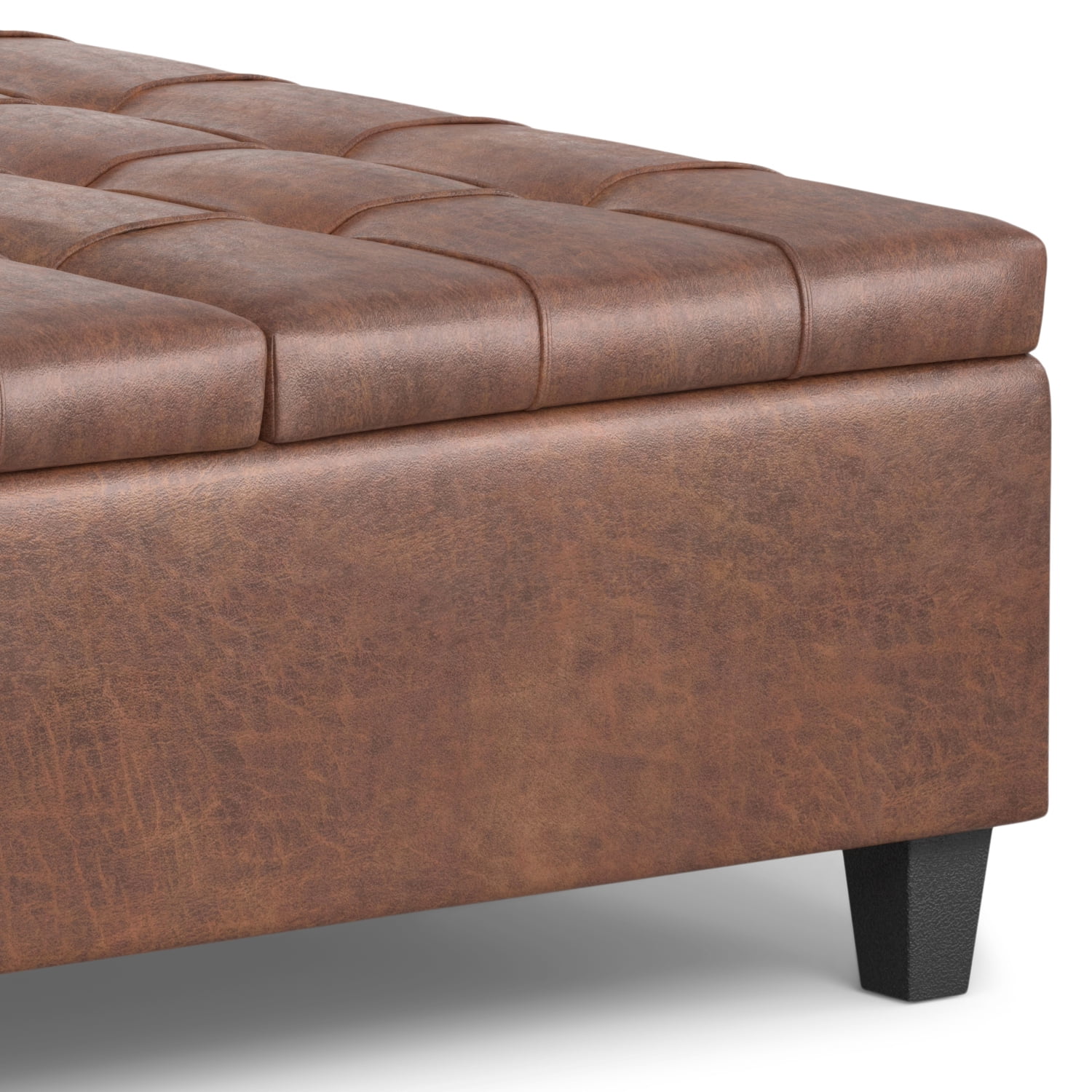 Harrison 40 inch Wide Transitional Large Square Coffee Table Storage Ottoman in Distressed Saddle Brown Vegan Leather