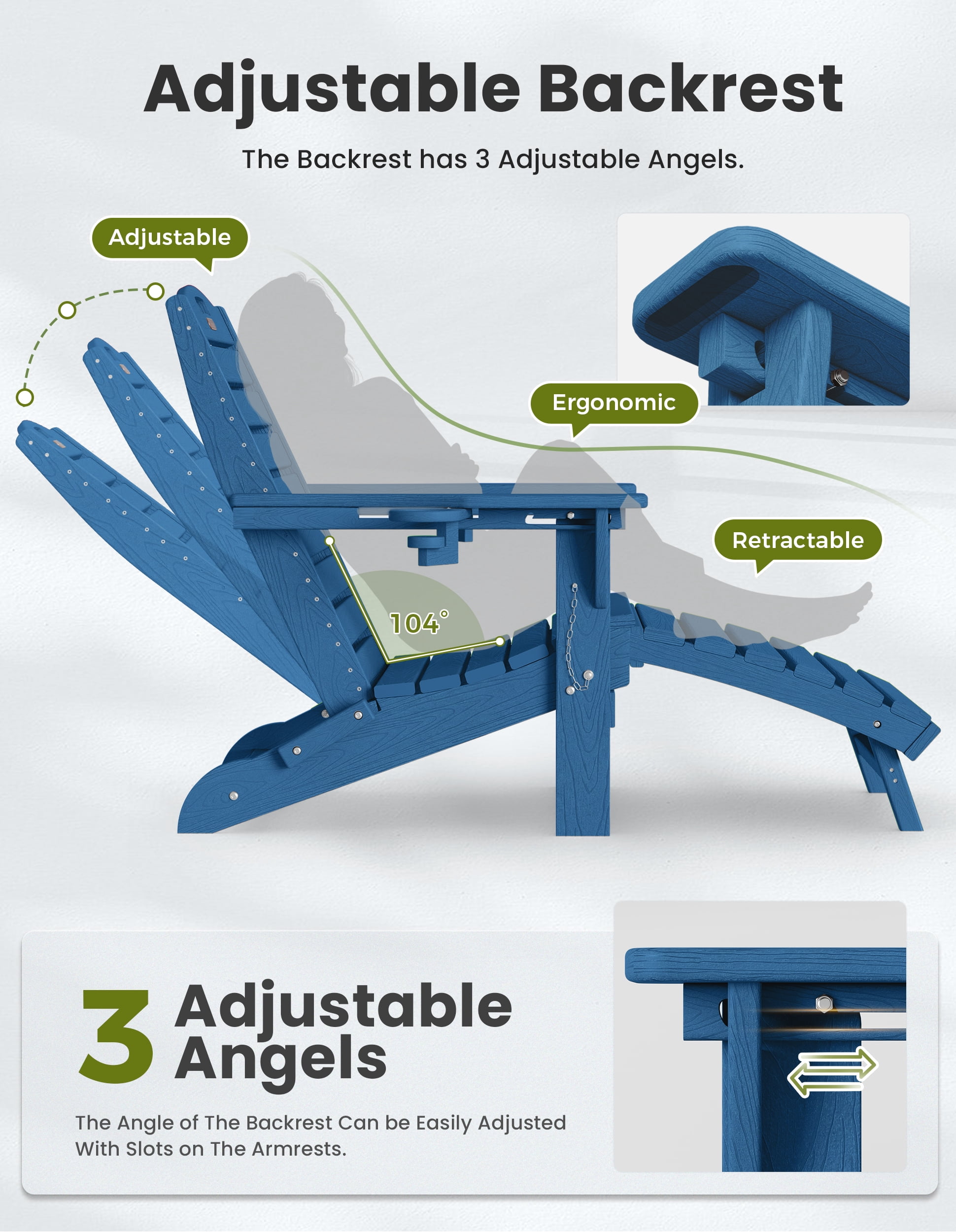 Folding Adirondack Chair Set of 2 with Retractable Ottoman Footrest, Wood Grain HDEP All Weather Fire Pit Chair with 2 Cup Holders for Outdoor, Blue