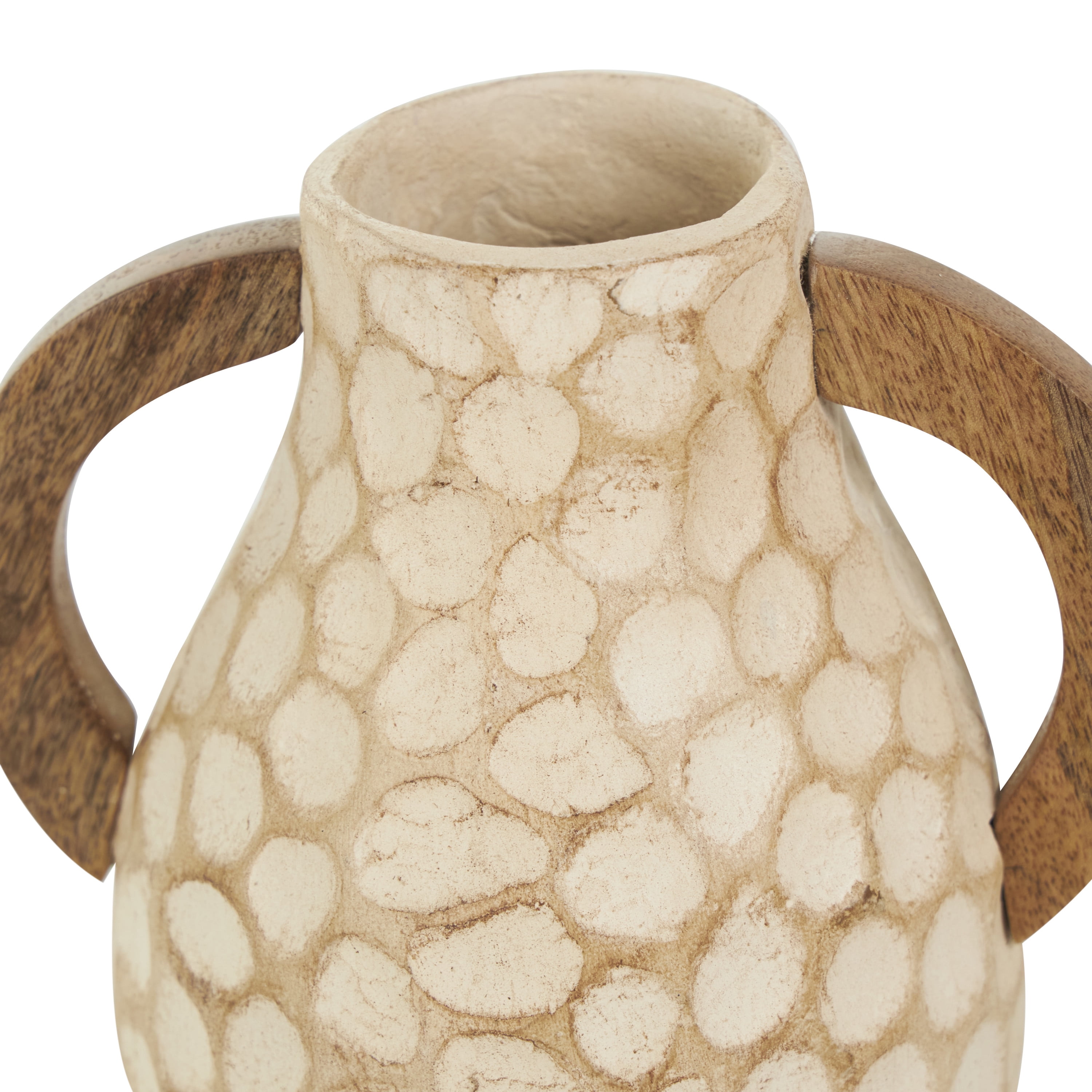 DecMode 6"W,9"H Honeycomb Inspired Jug Beige Paper Mache Vase with Brown Wooden Handles, Set of 2