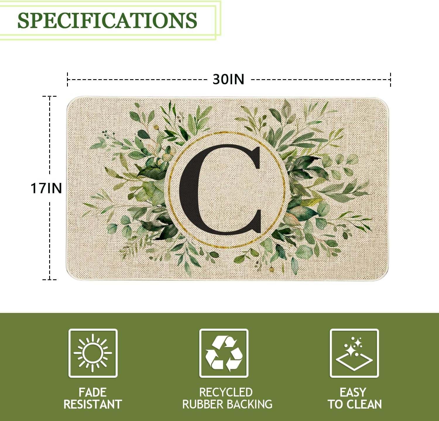 Spring Eucalyptus Leaves Monogram Letter C Door Mat 30 X 17 Inch Family Last Name Initial Welcome Doormat Indoor Outdoor Entrance Floor Rug Non Slip Spring Summer Decor Rubber Mats