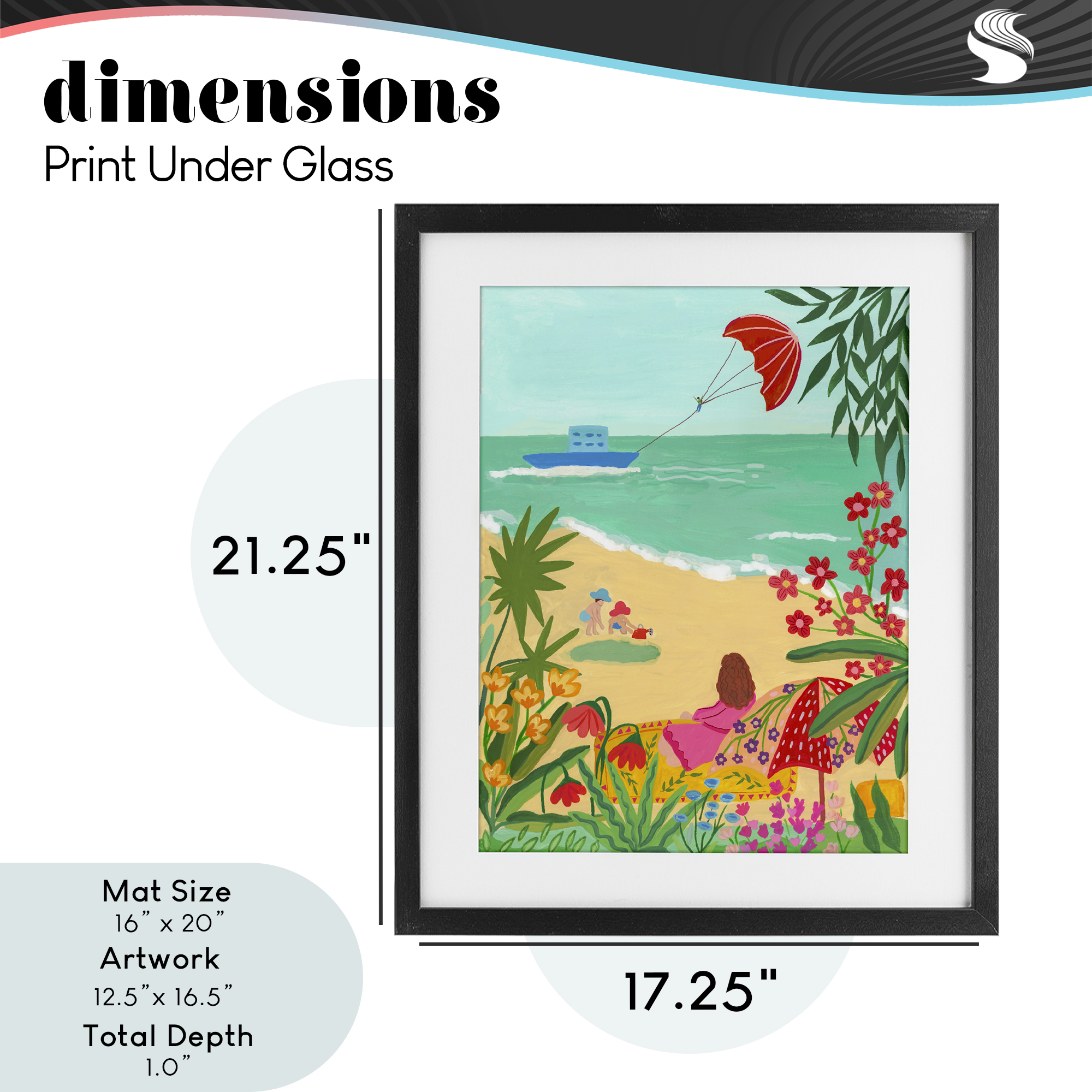 Beach And Flowers View Black Framed Print Under Glass, design by Nabeela Rumi
