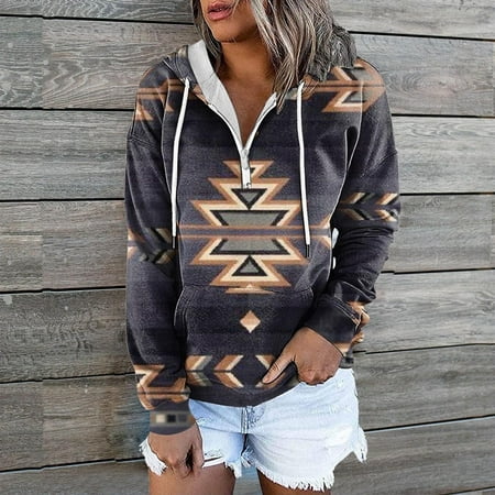 Jsaierl Lightning Deals of Today Quarter Zip Hoodies Women Clearance Casual Aztec Print Vintage Sweatshirt Top Long Sleeve Fashion Fall Pullover Sweatshirts