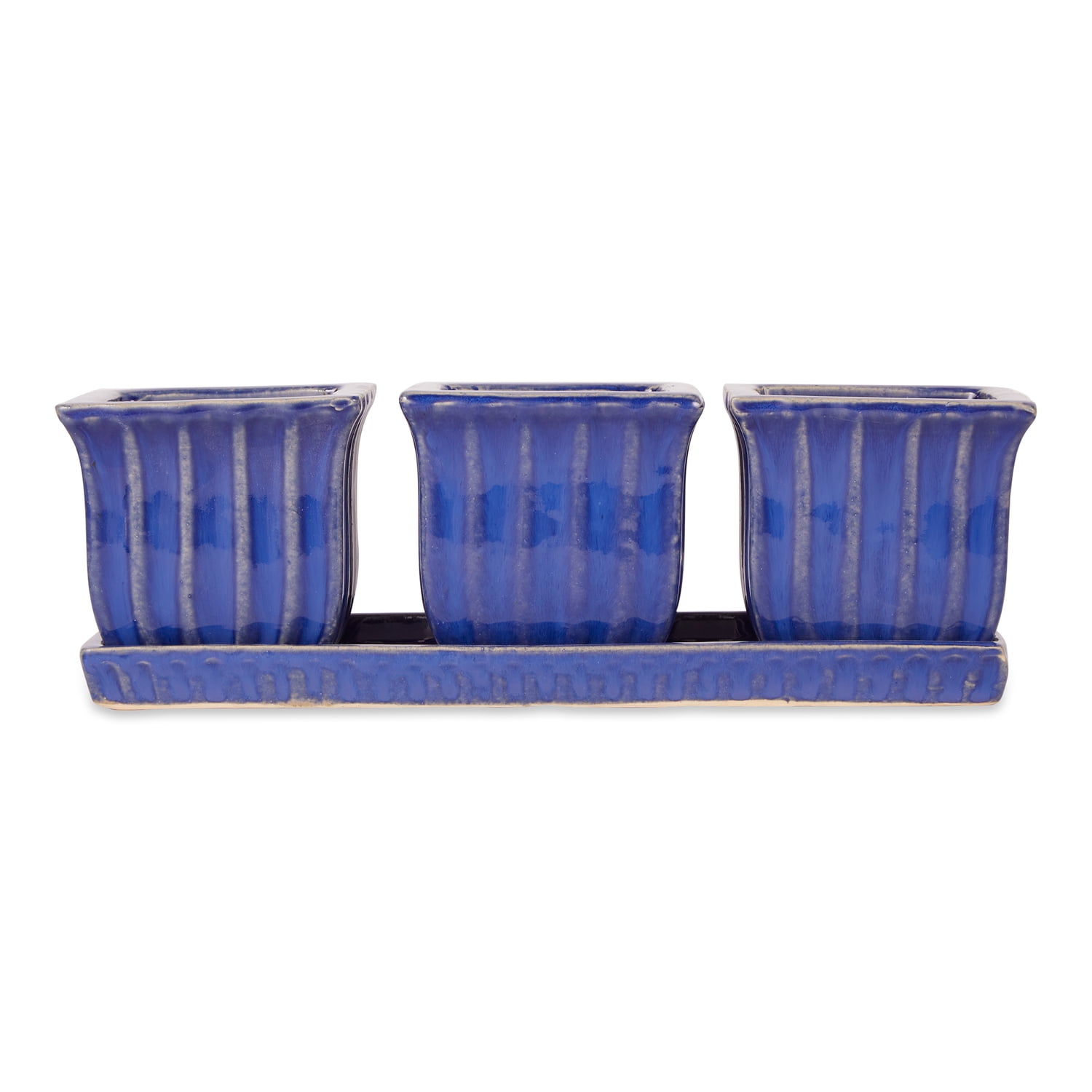 Zingz & Thingz 12" x 4" x 4" Square Blue Ceramic Plant Pot (3 Pieces)