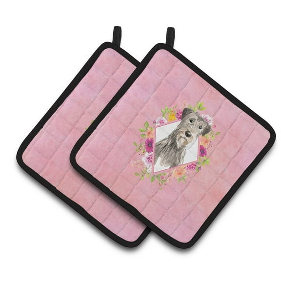 Irish Wolfhound Pink Flowers Pair of Pot Holders