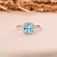 thumbnail image 2 of Fine Color Jewels Blue Topaz Halo Ring for Women 925 Sterling Silver 1.75 Ct Moissanite Accent Cushion Cut December Birthstone, 2 of 8