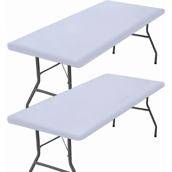 2 Pack Waterproof Elastic Fitted Fabric Tablecloth Rectangle Picnic Table Cloth Fits for 6ft Folding Tables Washable Wipeable Table Covers for Outdoor Camping Banquet (White 30"x72")