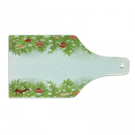 

Christmas Cutting Board Spruce Coniferous Noel Tree Border with Flakes Reindeer and Hearts Decorative Tempered Glass Cutting and Serving Board Wine Bottle Shape Multicolor by Ambesonne