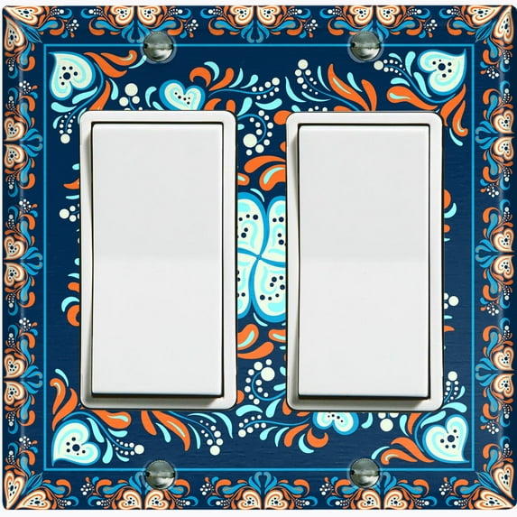 Metal Light Switch Plate Cover Blue Orange Flower Heart Mandala Tile Pattern TIL027