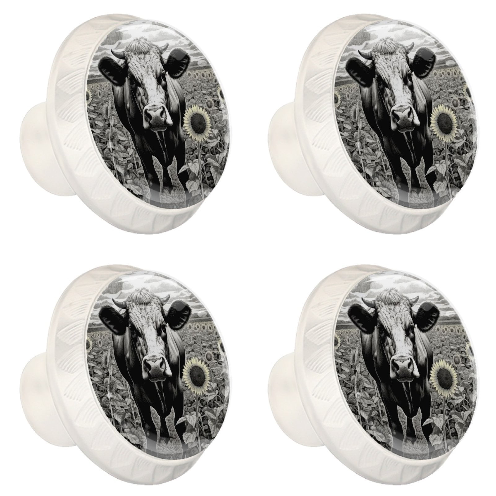 4 Pcs Cow and Sunflower Knobs for Kitchen Cabinet Cupboard Dresser Bookcase Drawer Pulls Handles Round Home Decor