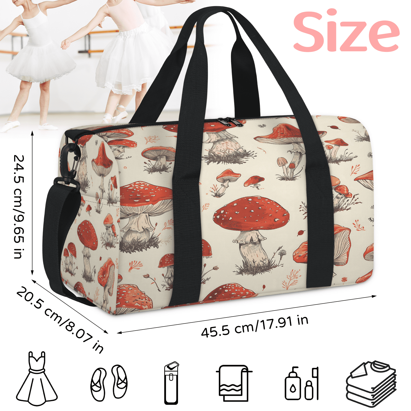 Herdesigns Mushroom Printed Gym Bag for Women, Duffle Bag for Travel Sport, Lightweight Waterproof Carry on Weekender Overnight Dance Yoga Workout Bags