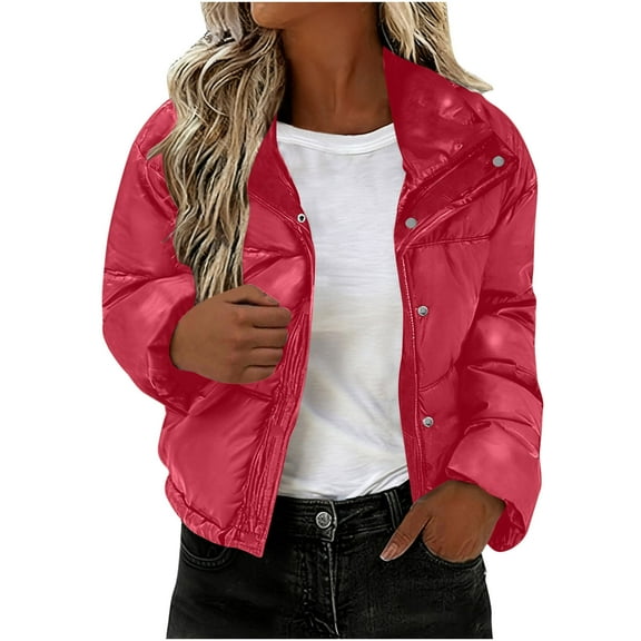 RYRJJ Women's Winter Cropped Puffer Jacket Stand Collar Zip Up Warm Quilted Jacket Short Down Coat Outerwear with Pockets(Red,XL)
