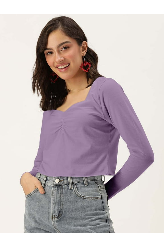 Women's Solid Cotton Jersey Top Casual Summer Long Sleeves Sweetheart Neck Western Style Slip-On Light Weighted Loose Fitted Blouse Top