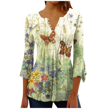 

Summer Clearance Tops ! Xihbxyly Tunic Tops for Women Casual 3/4 Sleeve Flower Printed Buttoned Shirt Basic Ruched Corset Comfy Pleated T-Shirts Blouses White XL # On Sale Clearance Items
