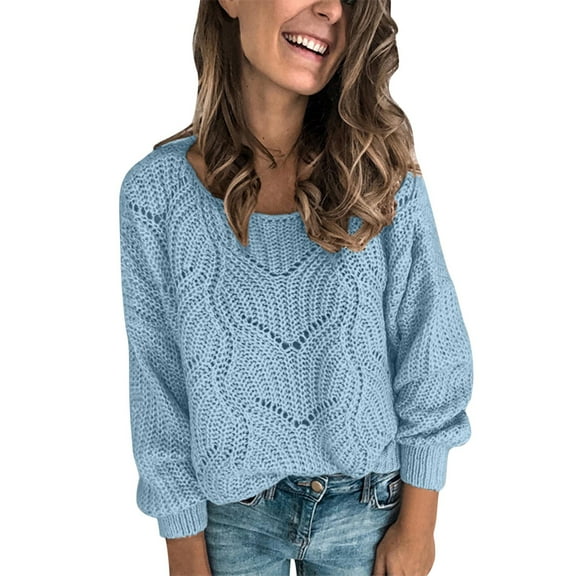 Duoif Sweaters for Women Trendy Women Round Neck Long Sleeve Knit Sweater Solid Color Loose Pullover Hollow Sweater Women's Sweaters Womens Tops Blue L