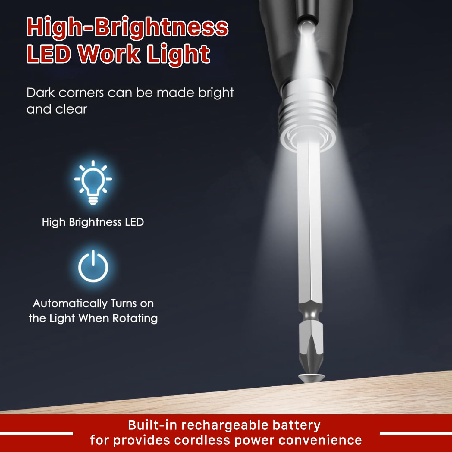Hillyfe Electric Cordless Screwdriver, 3.7V Rechargeable Lithium-ion Battery with LED Light, Small Screwdriver with 13pcs Bits, Red