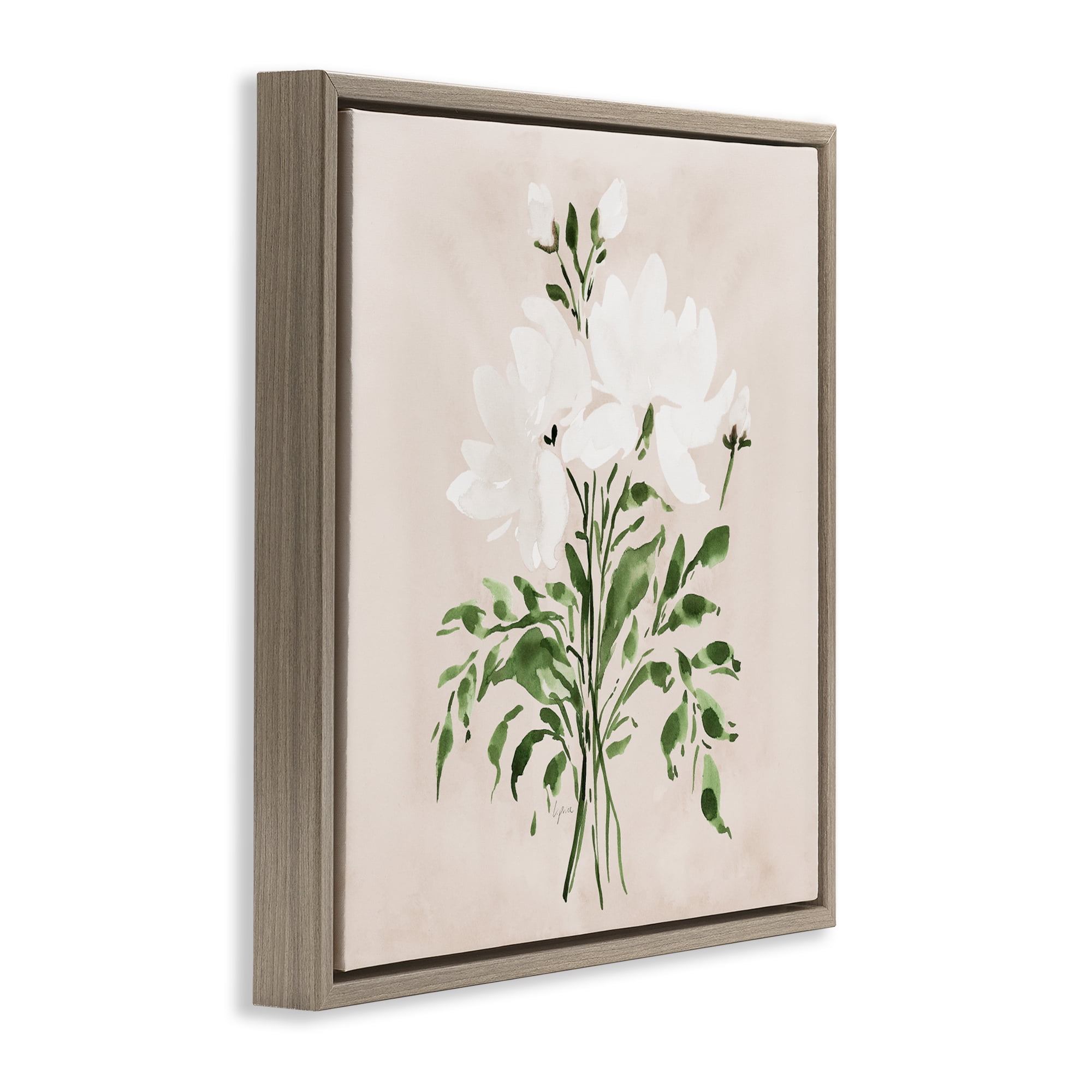 Stupell Industries White On Tan Floral Brown Framed Floater Canvas Wall Art, design by Lucille Price