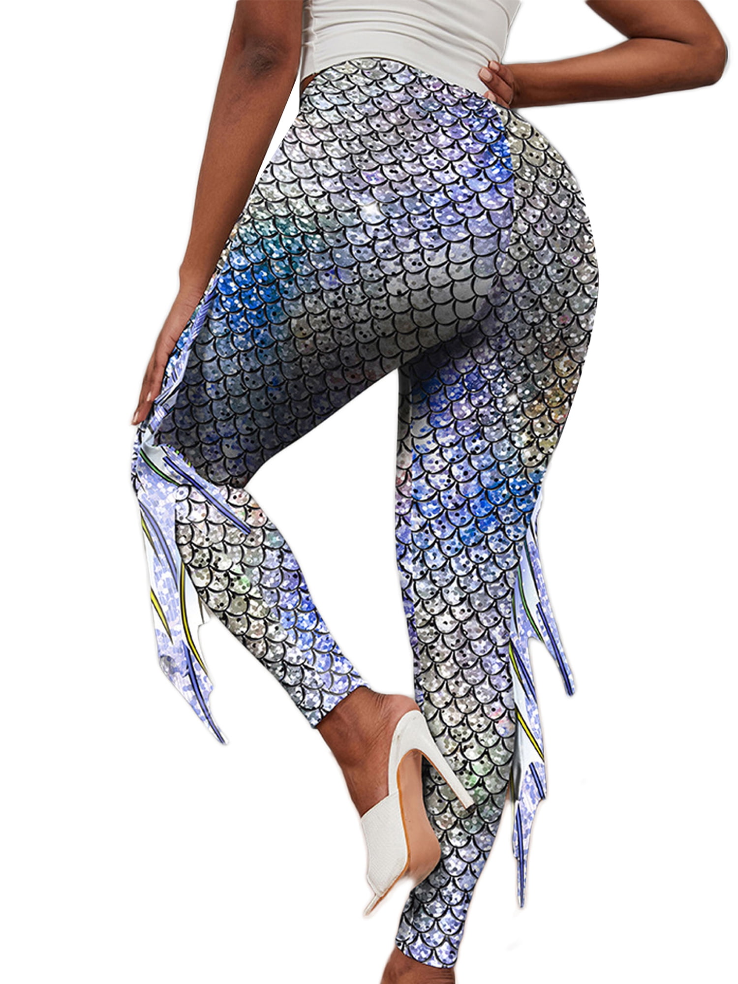 Capreze Tummy Control Trousers Tight Jeggings for Women Stretch Fish Scale  Bottoms Sport Leggings Blue M 