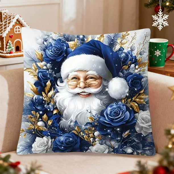 Decoraciones navideñas, adornos navideños, funda de cojín con estampado navideño de lino azul y dorado para sala de estar o sofá. Funda de almohada decorativa de lino para decoración navideña.