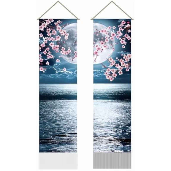 2Pcs Japanese Anime Scenery Tapestry Ocean Moon Cherry Blossom Vertical Wall Hanging Tassel Wall Aesthetic Tapestry for the Living Room Wall Art Wall Decor Entry(45.7x13 Inch)