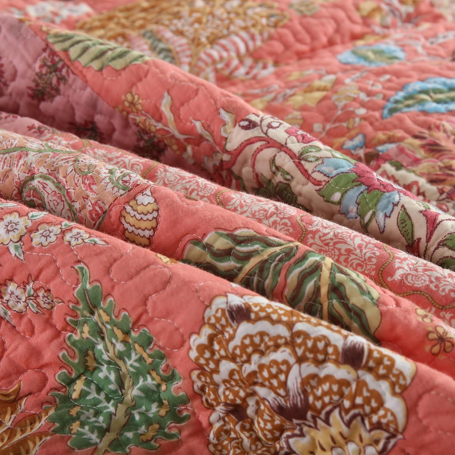 Nordmiex Patchwork Cotton Quilt Set Bohemian Pink Floral Bedding Set, California King