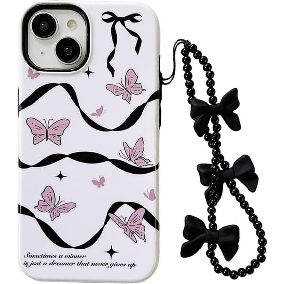 Black Ribbon Pink Butterfly 2 in 1 Cute Case for iPhone 12 Pro Max with Bow Beaded Phone Charm,Retro Trendy Y2K Girly Design Hard Shell TPU i Phone 12promax 6.7" Cover Bracelet Chain