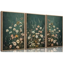 Wildflowers flower Canvas Wall Art Emerald Green Wall Decor Pictures Botanical Landscape Painting Wildflower Field Prints Modern Farmhouse Floral artwork for bedroom bathroom（Only canvas）