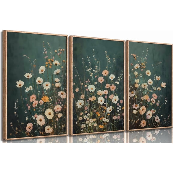 Wildflowers flower Canvas Wall Art Emerald Green Wall Decor Pictures Botanical Landscape Painting Wildflower Field Prints Modern Farmhouse Floral artwork for bedroom bathroom（Only canvas）